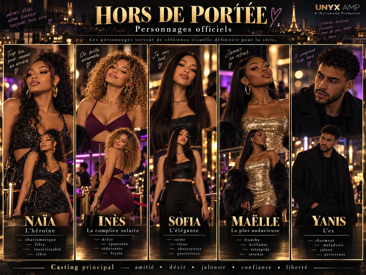Planche officielle des personnages de Hors de portée : Naïa, Inès, Sofia, Maëlle et Yanis