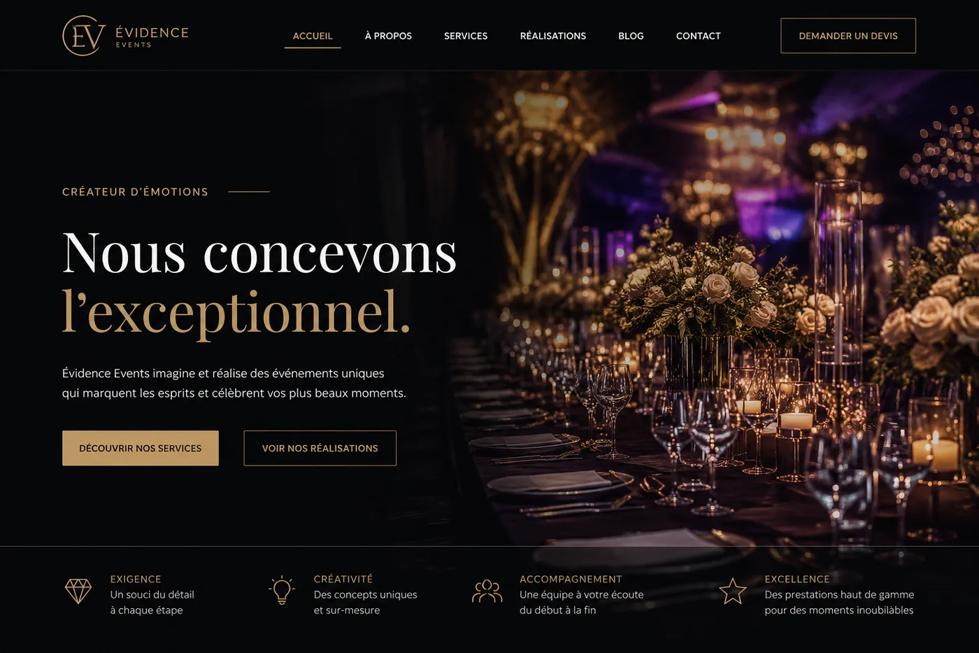 Site Évidence Events : Événementiel premium